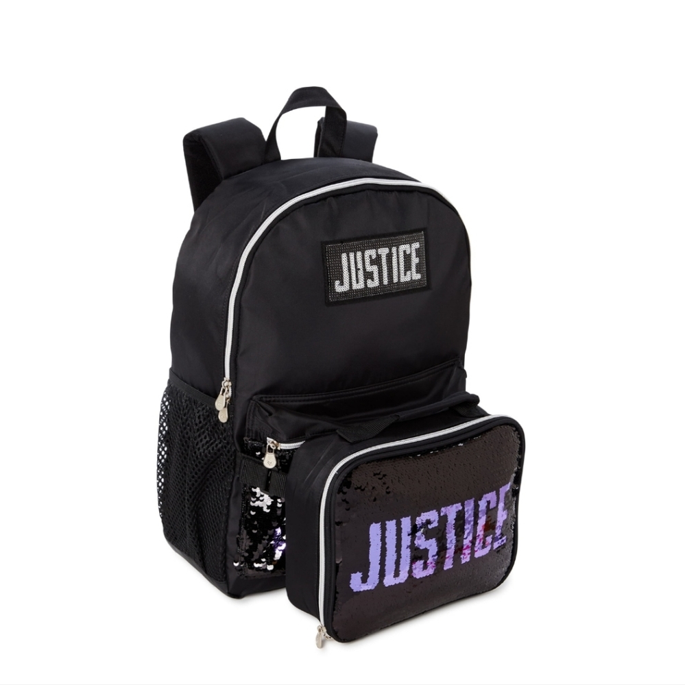 Justice Backpack Set (Bag & Lunch Bag) Black & Purple/Silver #New